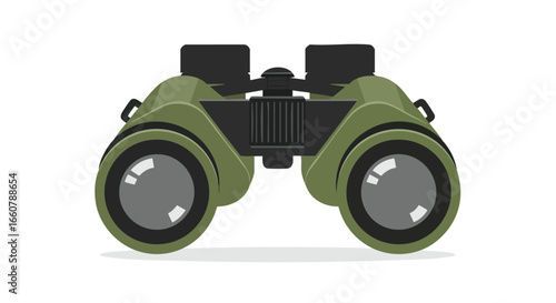 Vector illustration of field glasses with green housing, designed for outdoor observation and reconnaissance activities used by nature enthusiasts