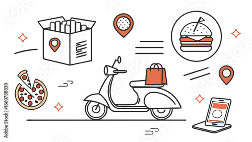 Modern flat design illustration of a scooter delivering food items like pizza and burgers with location pins and a smartphone for online ordering and delivery services