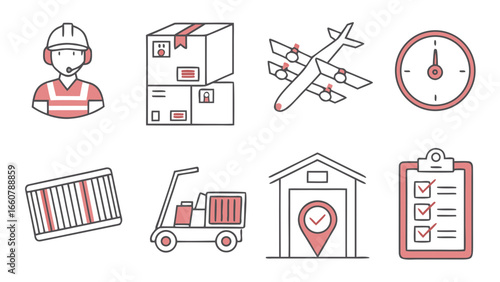 Collection of flat design icons representing logistics and delivery services including a worker boxes airplane clock container cart warehouse and checklist