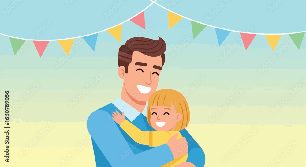 Fototapeta premium A happy father hugging his daughter under festive banners, celebrating Father's Day.