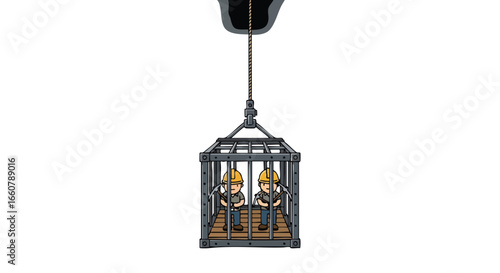 Depiction of caged miners descending into the earth within a stark and industrial scene illustrated against a white expanse