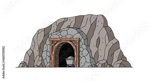 Cartoon Illustration Depicting the Entrance to a Quaint Mine with a Cart Loaded with Extracted Minerals Situated Inside the Tunnel