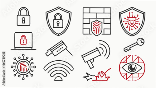Collection of cybersecurity and data protection icons including locks shields a brick wall with fingerprint a virus symbol a laptop a camera wi fi a key a megaphone and an eye symbol