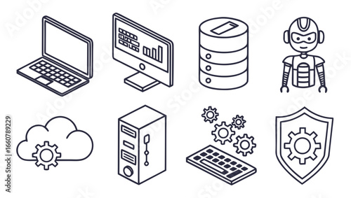 Collection of isometric outline icons representing modern technology and digital services including a laptop computer server cloud computing robot and security shield