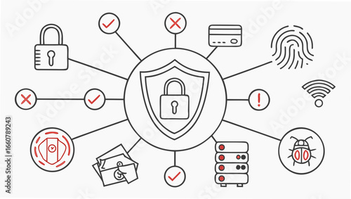 Digital security concept with central shield and padlock connected to various icons representing threats and protective measures like credit cards and fingerprints