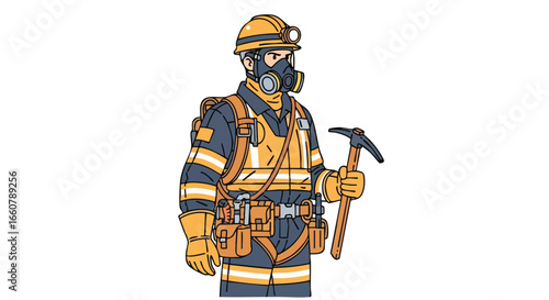 Cartoon illustration portraying a miner equipped with safety gear and holding a pickaxe, set against a clean white backdrop ideal for educational
