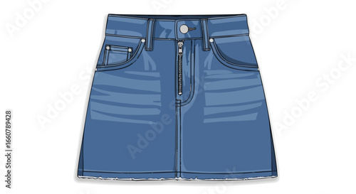 Stylish denim mini skirt design with front zipper and pockets capturing casual fashion and youthful appeal depicted in an illustration style