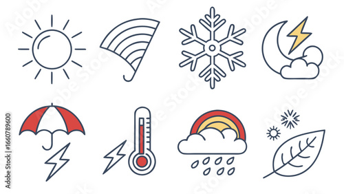A collection of stylized weather icons including sun rainbow snowflake stormy moon umbrella with lightning thermometer rainy rainbow and falling leaves with sunbursts