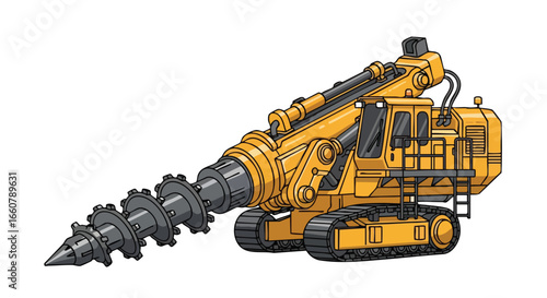 Illustrative heavy mining drill machine with tracks, yellow color scheme and intricate mechanical design conveys engineering prowess and
