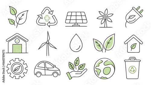 Collection of eco friendly icons representing renewable energy sources sustainability and environmental protection with a clean modern line art style and green accents