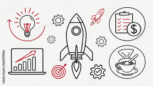 Business startup concept with a rocket taking off a lightbulb for ideas a laptop showing growth charts a target gears a checklist with money and a coffee cup