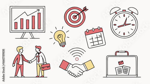 Collection of business concept icons including a graph on a monitor target with arrow light bulb calendar alarm clock handshake and briefcase with documents and envelope