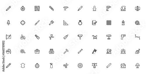 Art and Craft icon set. Vector illustration. Includes tools for drawing, sewing, painting, pottery, jewelry making and more. Editable stroke.