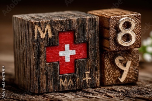 Wooden block calendar showing May 8 for World Red Cross Day, healthcare theme
