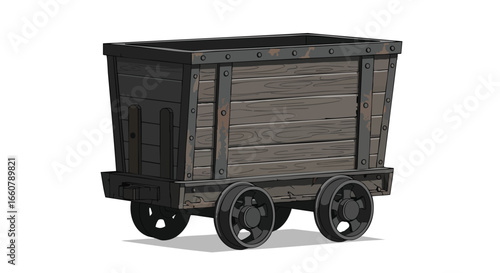 Cartoon Illustration of a Wooden Mining Cart with Iron Reinforcements and Wheels on an Isolated Background Depicting Industrial Transportation