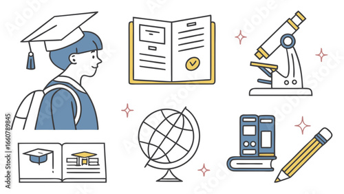 Illustration of a student wearing a graduation cap and backpack surrounded by educational icons like a book microscope globe and pencil symbolizing learning and academic achievement