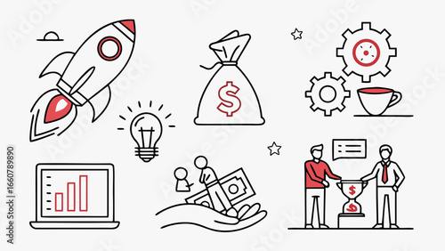 Modern flat design illustration depicting business concepts like startup launch financial growth teamwork and time management with a rocket money bag gears and hourglass