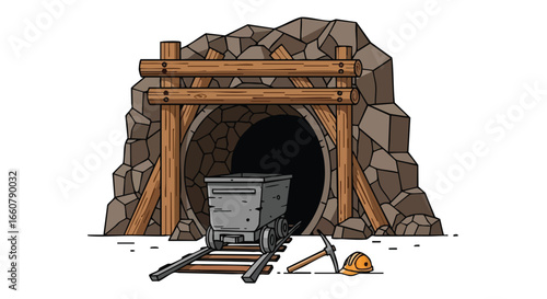 Cartoon illustration depicting the entrance to a mine, featuring a minecart and mining tools against a white backdrop for stock imagery