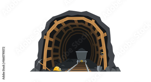 Stylized Mine Entrance with Coal Cart and Safety Gear Illustration, showcasing underground resource extraction and industrial heritage archetypes