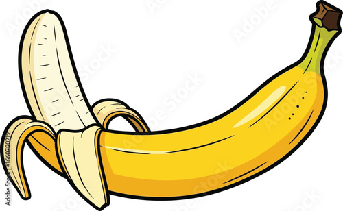 A cartoon illustration of a partially peeled ripe yellow banana fruit, showing the edible flesh.