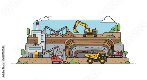 Industrial landscape featuring a mining site with heavy machinery and factory elements depicted in a linear style illustration