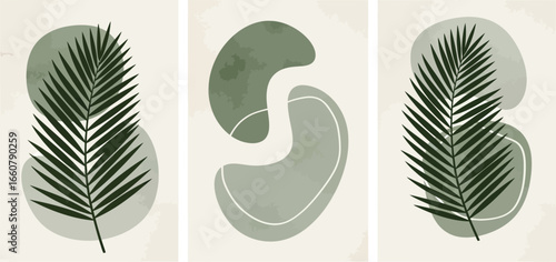 A triptych displaying botanical art featuring palm leaves and abstract organic shapes in muted tones.