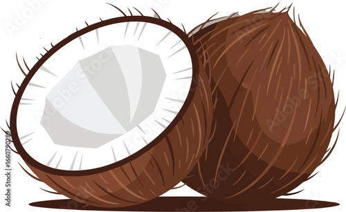 Illustration of two coconuts, one whole and one cut in half, revealing the white flesh inside.
