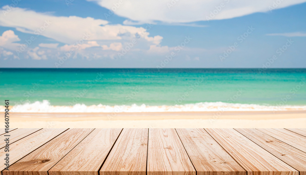 Fototapeta premium Empty wooden table on a beautiful tropical beach with a wooden floor under the summer sun, overlooking the blue sea and sky horizon