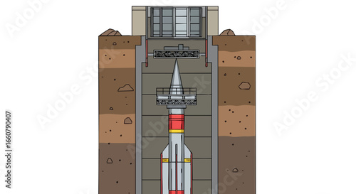 Cross-section view of a rocket in an underground silo emphasizing infrastructure and technology, showcasing the complexity of space readiness