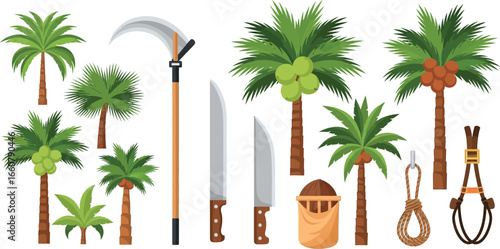 Illustration showcasing coconut palm trees, harvesting tools, and related elements in a vector graphic.