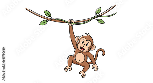 Cartoon primate swinging merrily from a vine, capturing the essence of playful jungle adventures and charming cartoon animal illustrations for