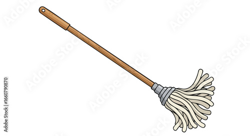 Illustration of a Traditional Cotton Mop with Wooden Handle for Cleaning and Maintenance Tasks Depicted in a Simple Vector Style