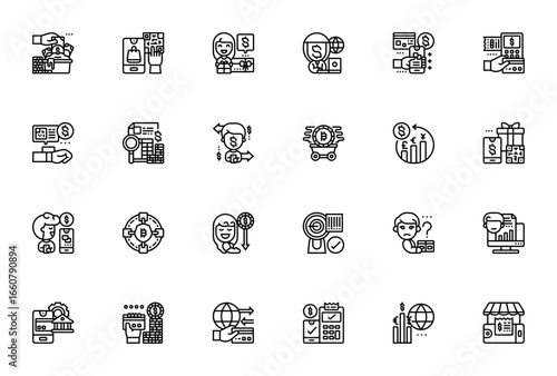 Cashless Society icon set. Vector illustration. Includes symbols for money laundering, cashless payment, credit card, blockchain, bitcoin, mobile payment and more. Editable stroke.