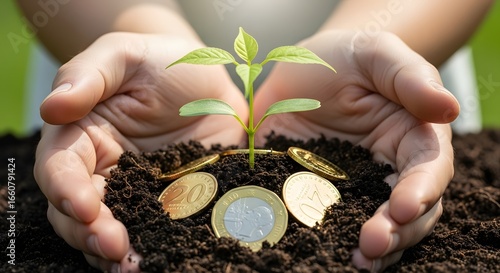 Hands cradling new plant and coins symbolizing financial growth and investment opportunities