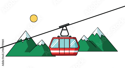 Cartoon illustration showcasing a bright red cable car traversing mountainous terrain under the sun, evoking a sense of winter travel