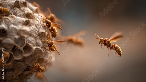 Wasp nest with flying wasps