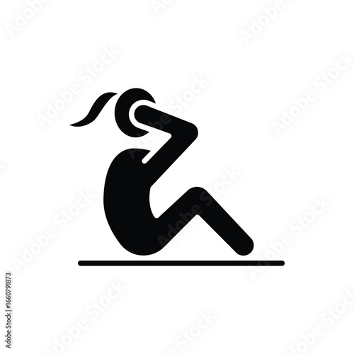 Woman doing sit up, crunches icon. Simple solid style. Exercise, abs, abdomen, human, figure, person, gym concept. Silhouette, glyph symbol. Vector isolated design