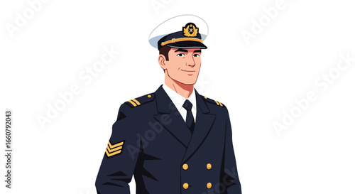 Confident Naval Officer Cartoon Character Illustration Depicting Maritime Professionalism And Seafaring Leadership Portrayal