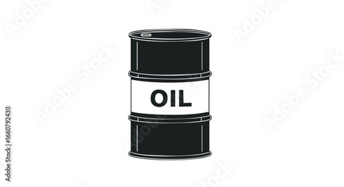 Isolated monochrome illustration of a black metal barrel with the word OIL, essential for industrial sector applications, presented on a clean