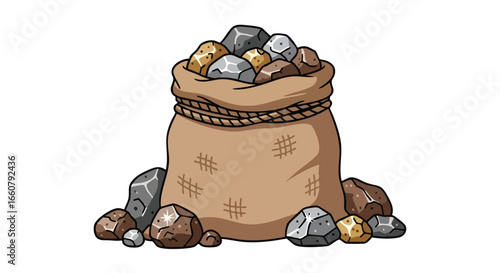 Cartoon depiction of a burlap sack overflowing with an assortment of rocks and minerals showcases simple shapes and playful design against an empty