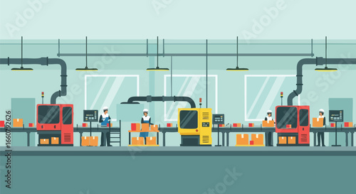 Automated manufacturing process in a factory with workers ensuring quality control and efficient flow, emphasizing precision and productivity in