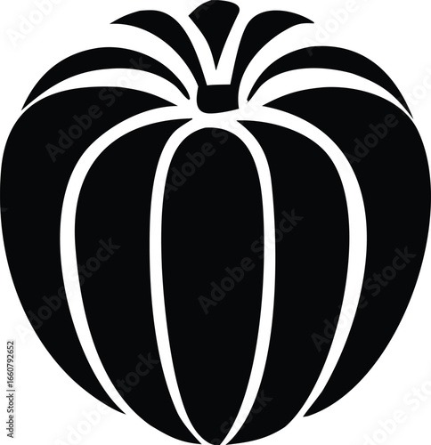 Stylized black and white icon of a pumpkin with distinctive ribbing and stem detail