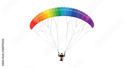 Vector illustration showcasing a paraglider with a vibrant rainbow canopy against a stark white backdrop representing extreme sports