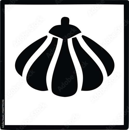 Simple silhouette of a stylized seashell with distinct ribbing on a white square background for diverse design applications