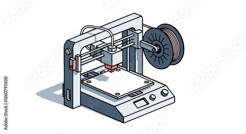 Detailed isometric illustration of a 3D printer ready to fabricate objects in a studio environment showcasing technical capabilities