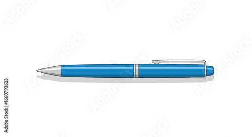 Detailed illustration showcasing a sleek, modern blue pen resting on a pristine white surface, perfect for office supply visualizations and graphic