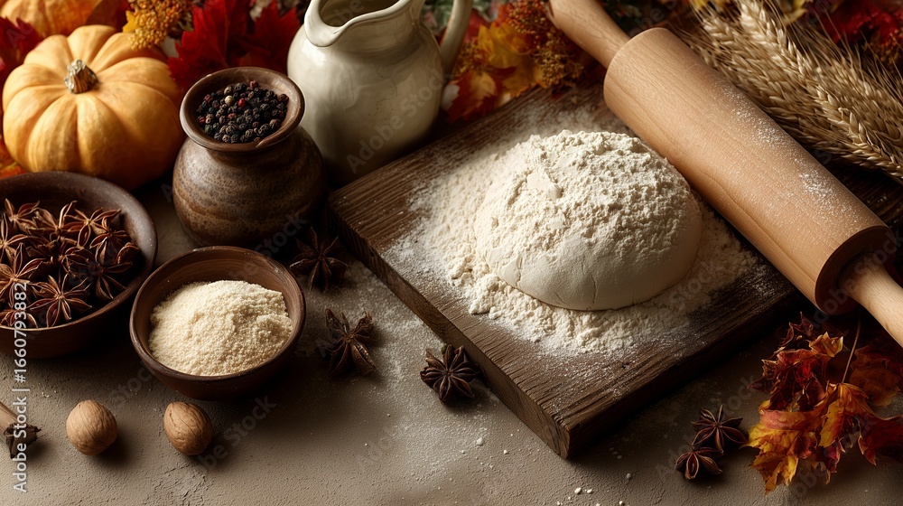 Fototapeta premium Autumn baking ingredients flat lay background, dough rolling pin wheat pumpkin leaf anise star, beige textured surface top view copy space 