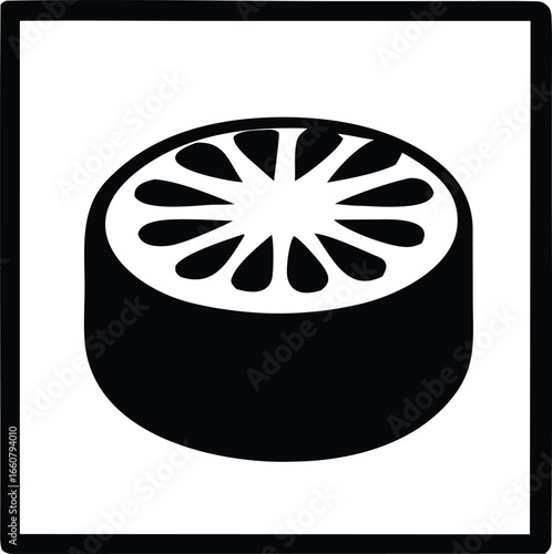 Simple stylized citrus fruit slice icon in black and white for clean modern designs and food branding