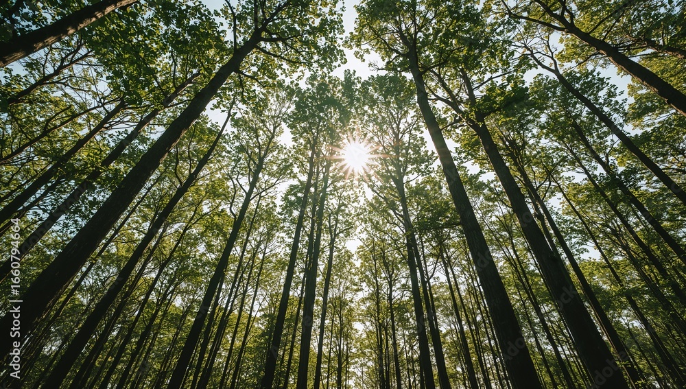 Obraz premium Sunlight filtering through tall pine trees in a dense forest.