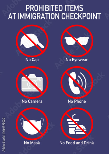 Set of prohibited items icons commonly seen at immigration checkpoints. Perfect for travel safety posters, immigration regulations, warning signs, and public awareness materials.